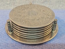 Vintage 60s Silver Plated Drink Coasters Gift Set of 6 with Matching Holder