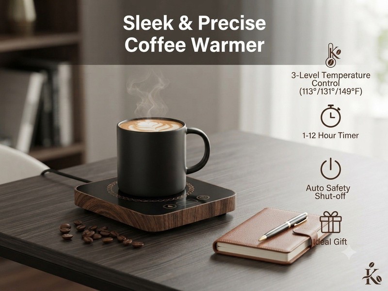 36W Electric Coffee Warmer Mug Heater, 3 Temp Settings, 1-12H Timer, Wood