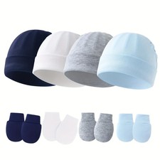 Baby Mittens Cotton No Scratch Newborn Infant Breathable Hat Gloves 4 Set