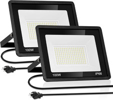 100W LED Outdoor Flood Light 2-Pack IP66 Waterproof Security Light with Plug Sup