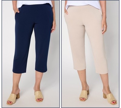 Susan Graver Essentials Petite Liquid Knit Set of 2 Capri Pants Navy/Wheat 1X Ne