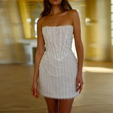 Short Wedding Dresses Luxury Pearls Beading Strapless Mini Bridal Gowns