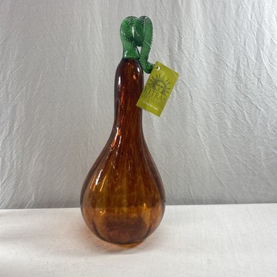 Kitras Art Glass Hand Blown Glass Gourd Pumpkin Orange Swirl Stem Fall Decor