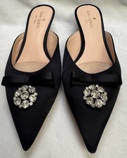 Kate Spade Darlene Black Satin Mules 6.5M Crystal Bow Heels Kitten Dressy