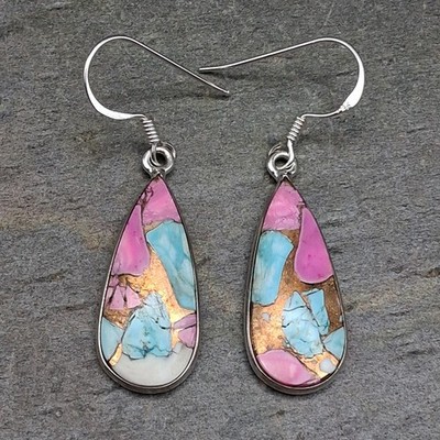 Cotton Candy Turquoise Sterling Silver Drop Earrings Pink Blue Southwestern 925