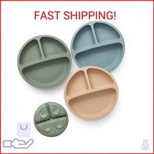 Eascrozn Toddler Plates 3 Pack, Divided Suction Plates for Baby, 100 Food Grade
