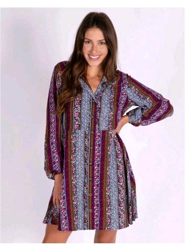 Ansley Woven Tunic Mini Shirt Dress Button Mix Print Flowy Summer Bohemian Med