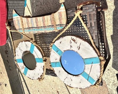 Lot 3 Nautical Wall Hangings Life Preserver Mirror Canoe Rustic Shabby Beach