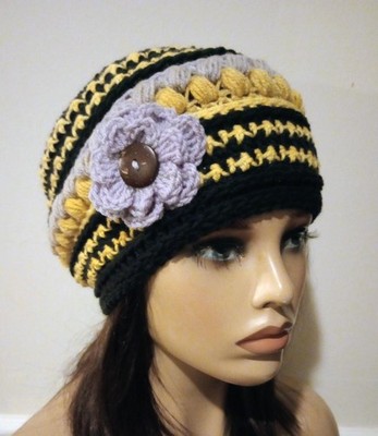 crochet handmade womans flower hat beanie pixie yellow puffs new
