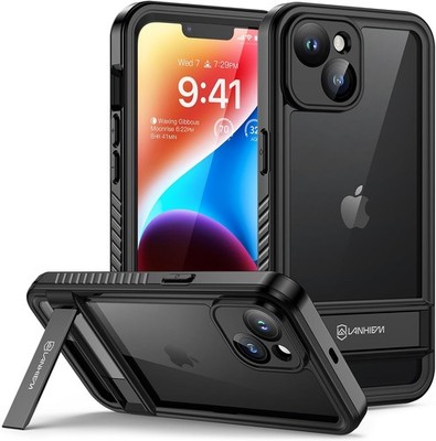 Lanhiem iPhone 14 Hülle Wasserdicht IP68 & Ständer Full Stoßfest Klar Schwarz