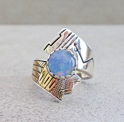 Vtg Roderick Marilyn TENORIO KEWA Black OPAL 14K GOLD Sterling RING Sz 7 Incised