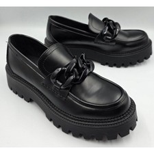 Steve Madden Women 8 Chunky Platform Loafer Chain Slip On Shiny Black Easy Clean