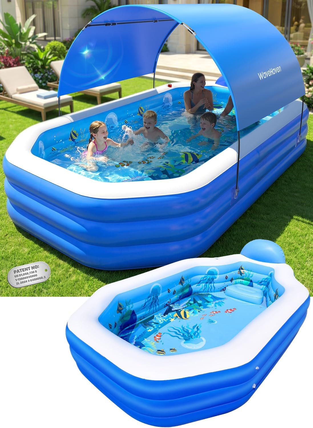 2026 Inflatable Pool with Canopy, Large Inflatable Pool for 