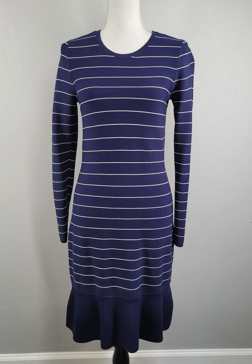 michael kors blue dress long sleeve Michael Kors Long-sleeve Ribbed Knit Dress With Chain