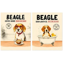 2 Pieces Beagle Dog Bath and Coffee Concept Art Print Set, Beagle Home Decor