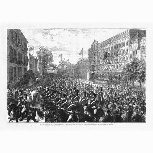 PHILADELPHIA July 4th Military Procession on Broad Street - Antique Print 1876