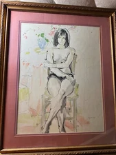 Huge Jacques Grange (1909 - 1996) "Sylvaine, 1973" Watercolor Painting -Framed
