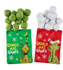 Pelea de bolas de nieve interiores Grinch, 24 bolas de felpa 2 bolsas con cordón para jugadores nuevo en caja
