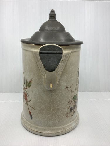 Antique Large Knowles Taylor Knowles Hand Painted Pitcher Coffee Pot Pewter Lid - Picture 2 of 12