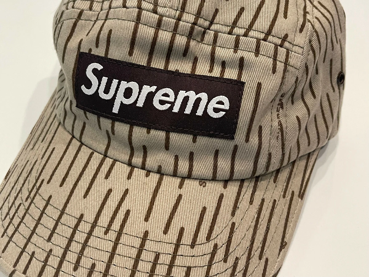 VINTAGE 2000S SUPREME 5-PANEL BOX LOGO CAMP CAP HAT ALL-OVER LINES TAN BROWN