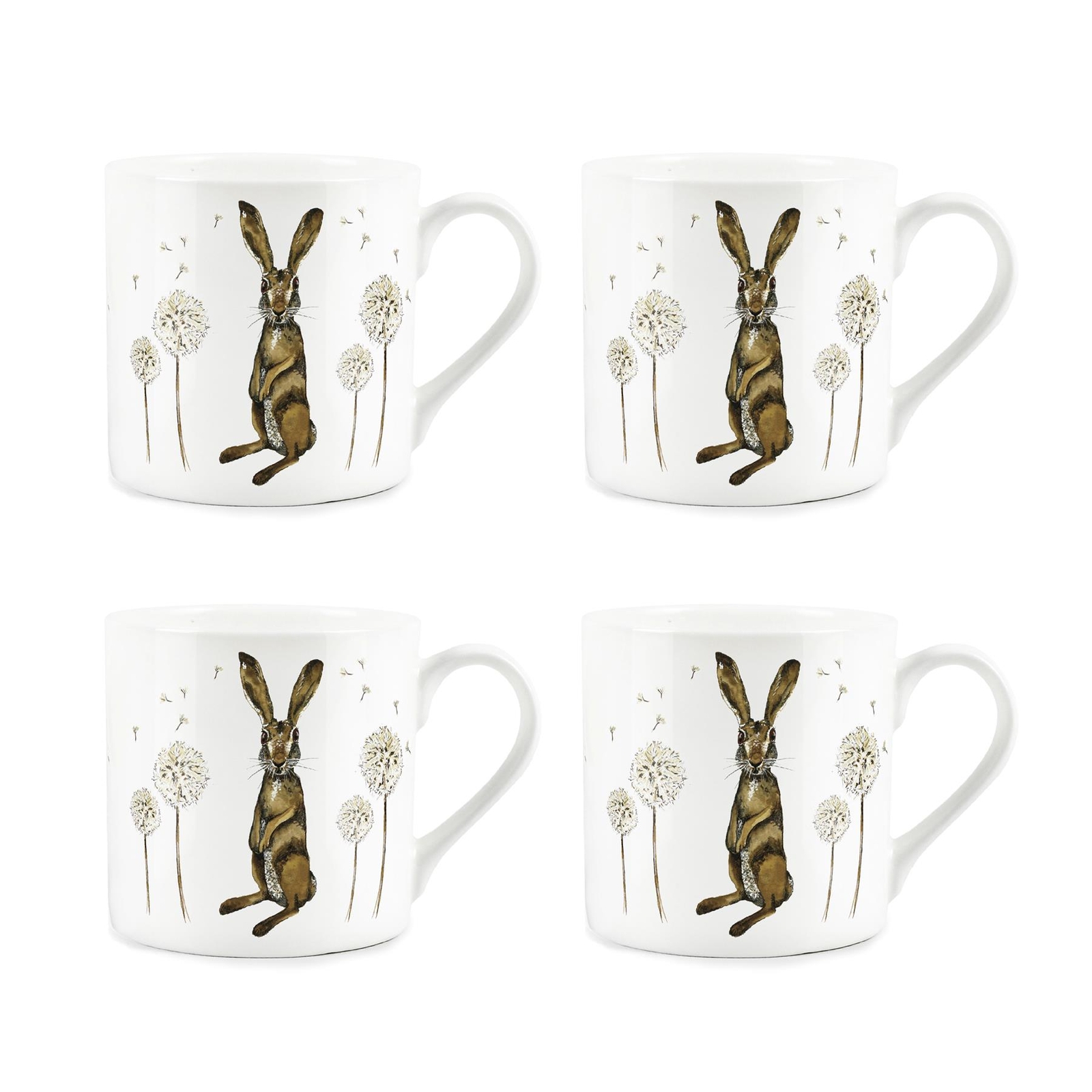 Bone China Hares & Dandelions Mugs Set by Rhiannon Chauncey - 4 Mugs Gift
