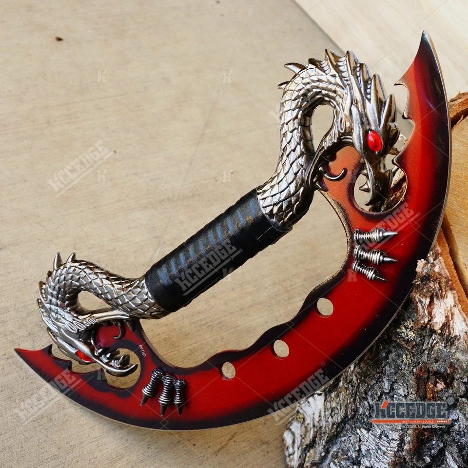 Nuevo 11" Rojo Fuego Doble Hojas Fantasía Dragón Cuchillos Espada Daga Con Soporte Foto 4 de 4