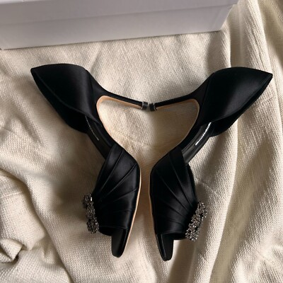 Manolo Blahnik Cassiado d'Orsay Crystal Pump Open Toe 90 mm Black