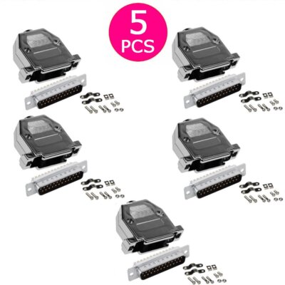 5x DB25 D-SUB 25-Pin Male Solder Cup Serial Connector+ Metalized Plastic Hood