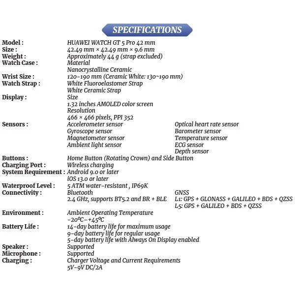 Huawei Watch GT 5 Pro Bluetooth iOS Android Smartwatch(White Ceramic/42mm/1.43”) - Image 4 of 4