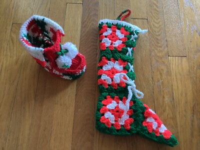 2 VTG Handmade Granny Square Crochet Christmas Stocking & Bootie Red Green White
