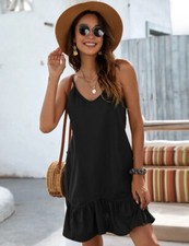 Black Cami Smock Ruffle Hem Ladies Boho Style Dress Size 8 Holiday’s Beach