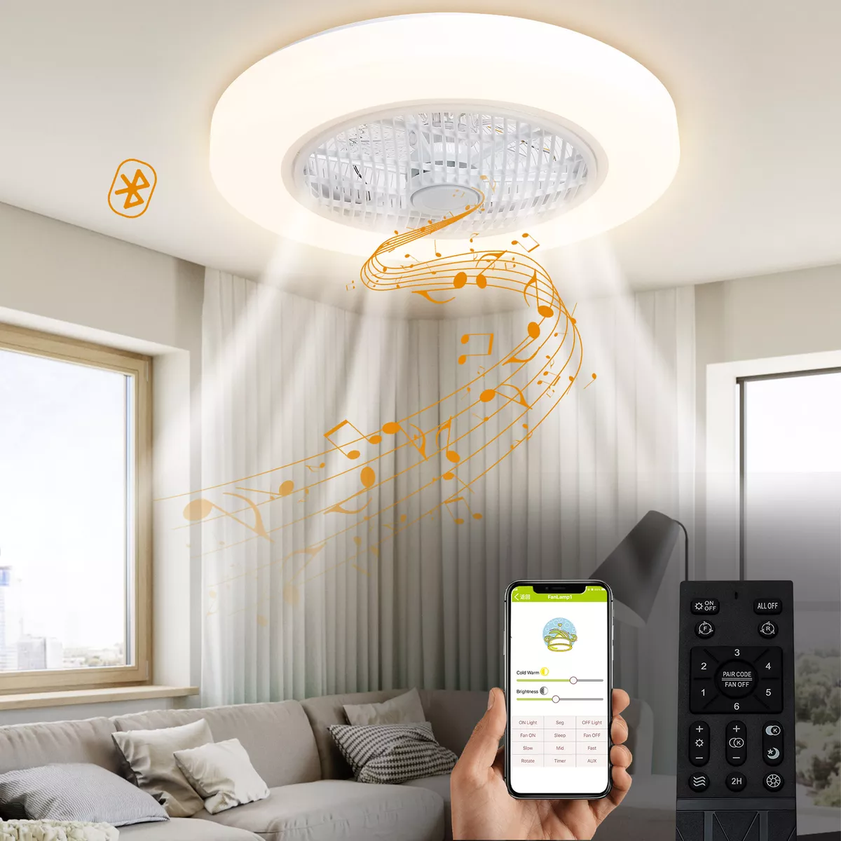 22.5 Ceiling Fan LED Light Bluetooth Speaker 3 Color Change &3 Speed  Chandelier