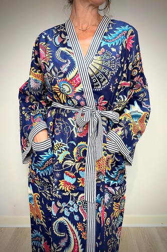 Cotton Kimono Dressing Gown, Blue Bridesmaid Robe, Mukut Print Nightwear Dress - Picture 6 of 7