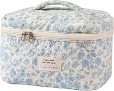 uekeboag Large Travel Quilted Makeup Bag for Women, Floral 01Lithtblue-flower 