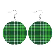 Buffalo Plaid Round Faux Leather Earrings for Women Green Tartan Scottish Geomet