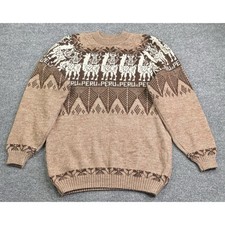 Peru Llama alpaca wool Knit Sweater Men's L Brown Fair Isle Pullover Vintage