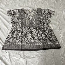 Lucky Brand Mix Print Black Combo V-Neck Ruffled Blouse Top Women's Large L