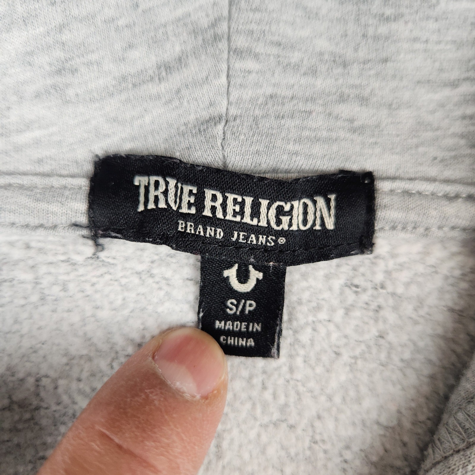 True Religion Womens Zip Up Hoodie Gray Graphic Back Horseshoe Logo Size Small thumbnail 2