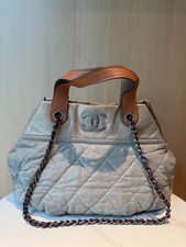 Chanel CC Quilted Tote Shoulder Bag Grey Calfskin Leather Silver‑Tone Hardware