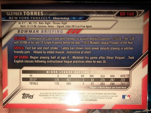 2016 Bowman Draft - Top Prospects Gleyber Torres #BD-160 (RC) YANKEES ROOKIEš„ - Picture 3 of 4