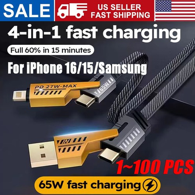#ad 65W 4 in 1 Multi Charging Cable Flat Braided USBC Charge Cord LOT Data Transfer $77.29