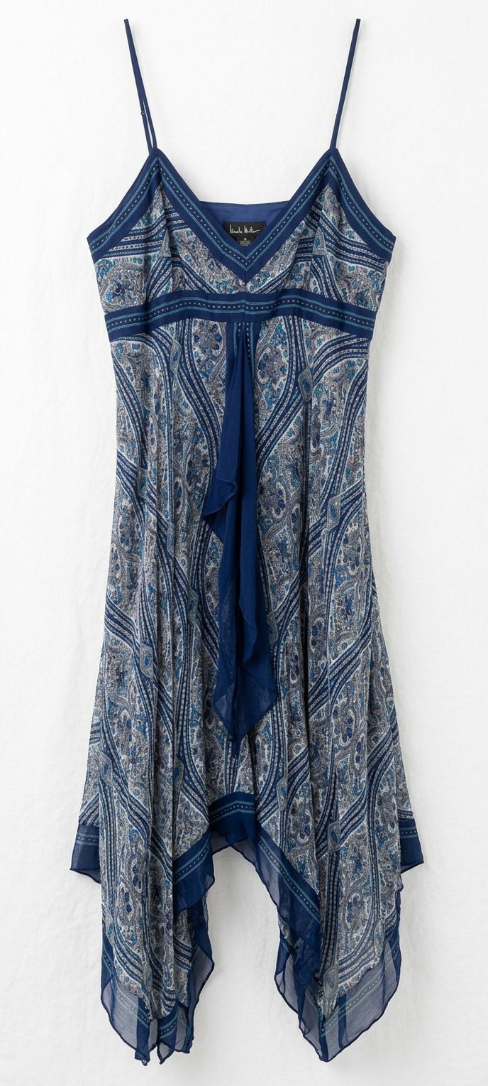 Vintage Nicole Miller Blue Silk Iconic Paisley Asymmetrical Midi Fairy Dress M