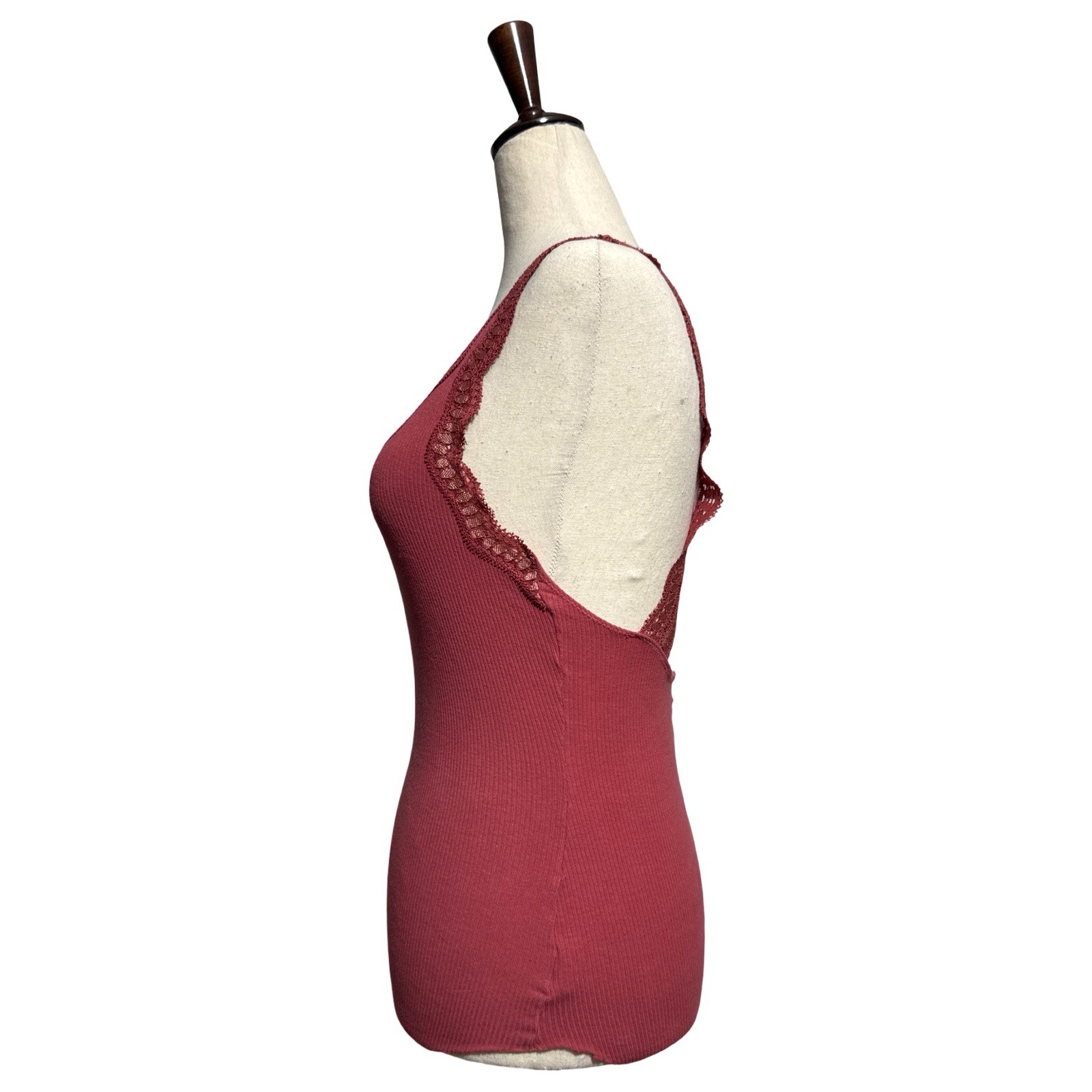 FREE PEOPLE Rib & Lace Double V Tank Top Cami Salmon S ASO Elena Gilbert image 3