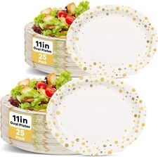 50Pcs White and Gold Party Supplies Large Gold Dot on White Paper Plates Oval