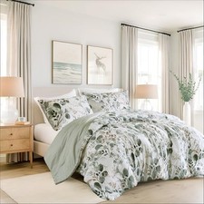Lightweight Seersucker Botanical Comforter Set Queen Size, 3 Full/Queen Green