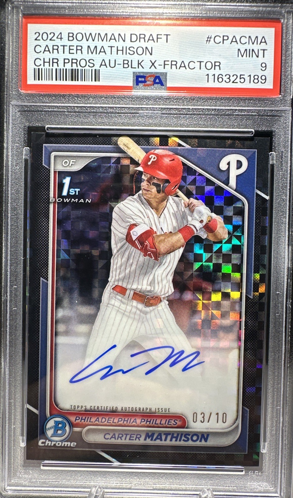 CARTER MATHISON 2024 Bowman Draft Chrome 1st Black X-Fractor Auto RC 3/10  Phil.