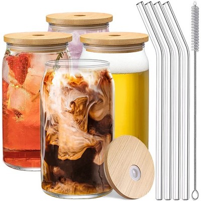 Set of 4 Patented Can Shaped  Drinking Glasses with Bamboo Lids & Straws - 16...