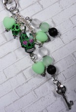 Sugar Skull Skeleton Key Hearts Purse Charm Clip Glass Green Black Halloween New