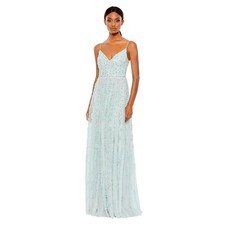 Mac Duggal 9166 Sea Mist Beaded Floral Sequin Maxi Gown Dress Size 16