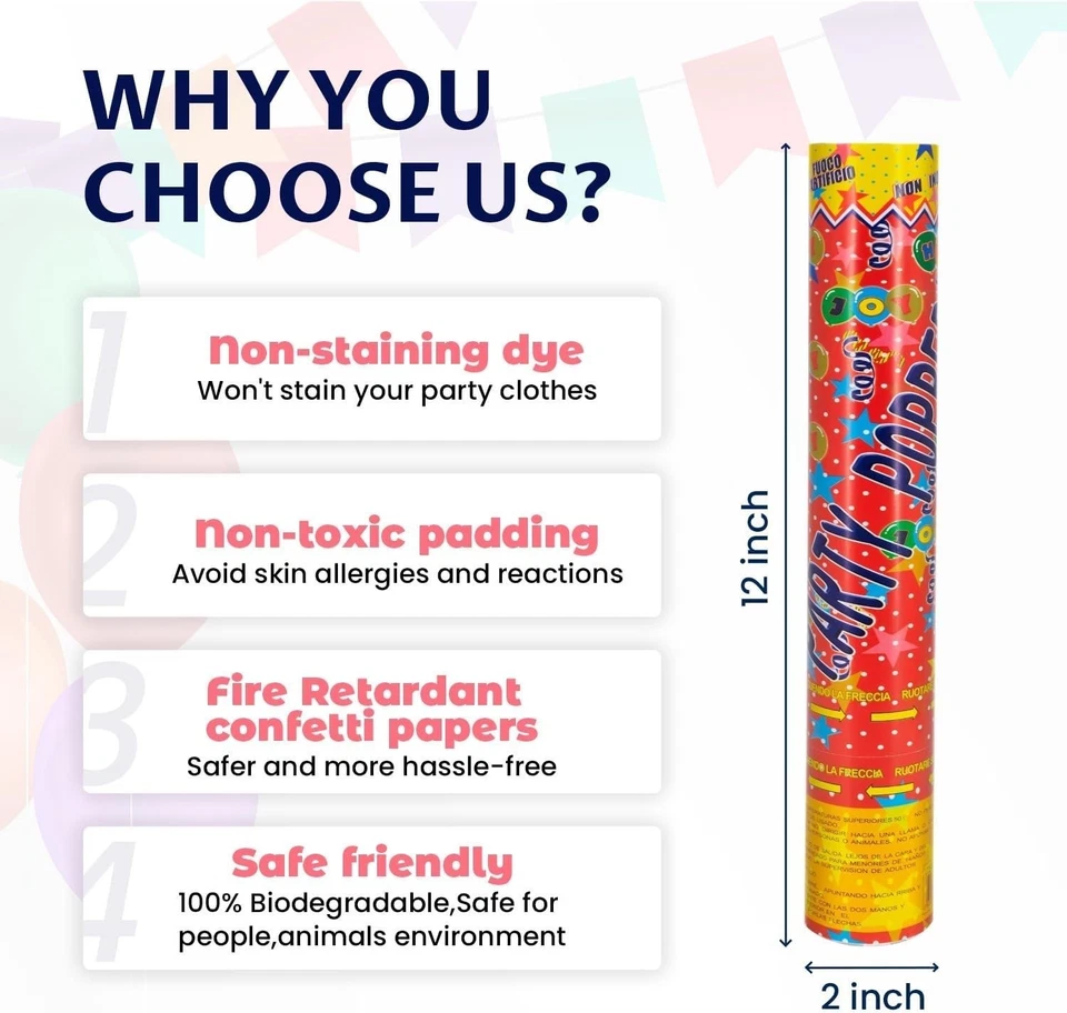 Cañón de Confeti 12 Pulgadas Multicolor Confeti Popper Fiesta Streamer Bi... Envío Rápido Foto 3 de 4